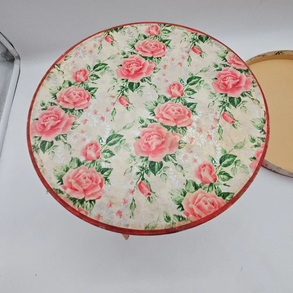 Vintage PINK FLORAL HATBOX w/CORD HANDLE Wallpaper Shabby Chic